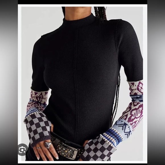 NWT Free People Thermal Black Combo Cuff Long Sleeve Shirt XS - Picture 2 of 3